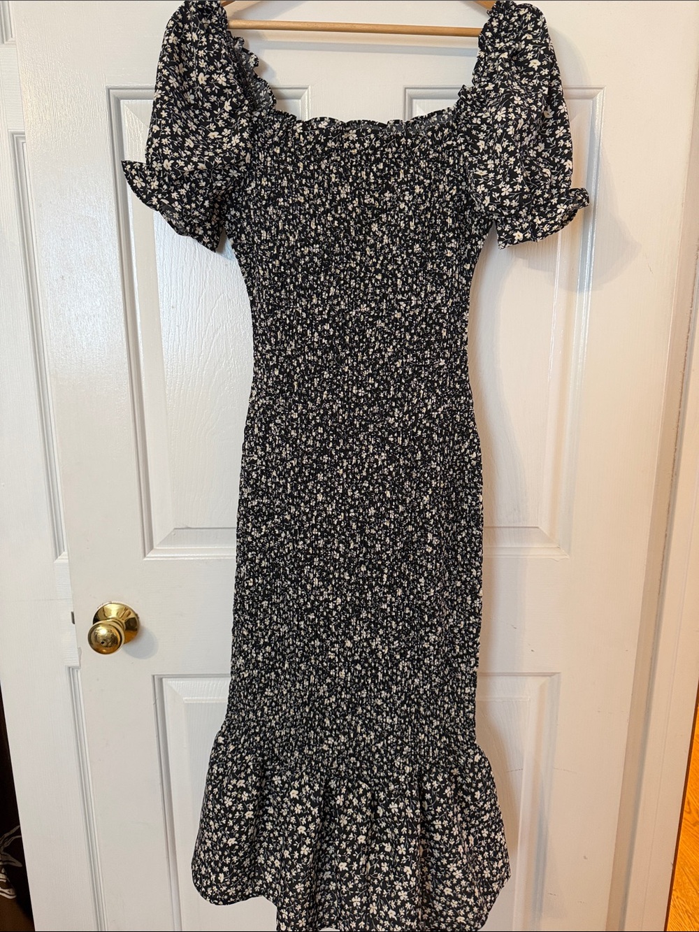 Black Floral Smocked Midi Dress with Puff Sleeves